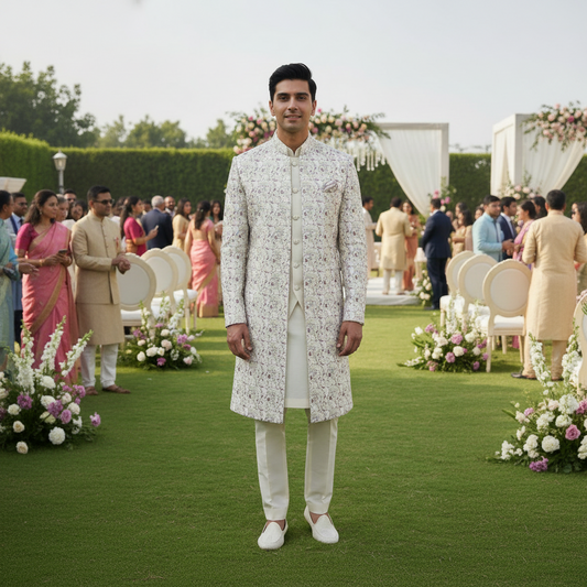 Man in a white sherwani standing outdoors with floral decorations and people in the background