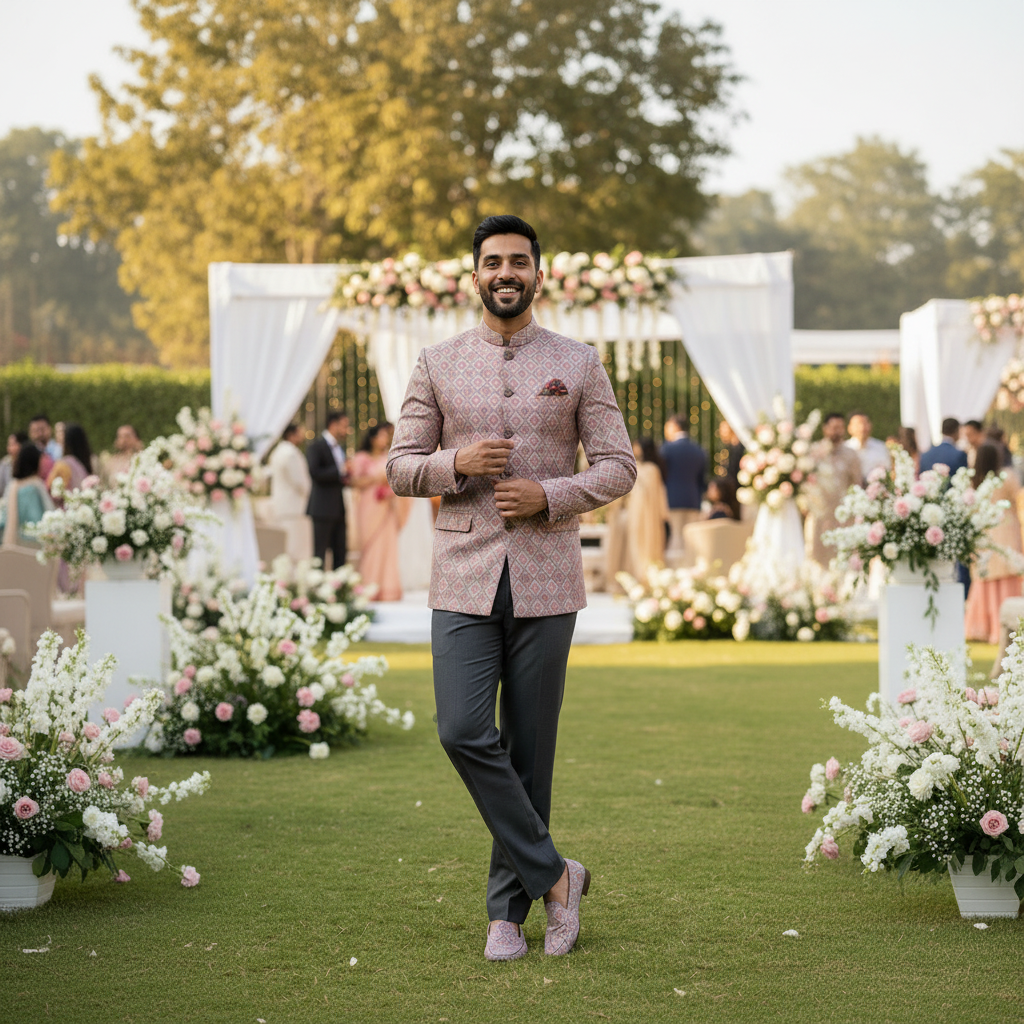 Man in a traditional outfit standing outdoors with floral decorations and people in the background