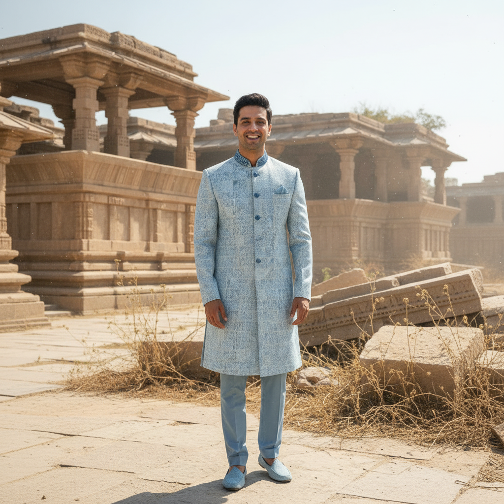 Man in a light blue traditional outfit standing in front of ancient ruins.