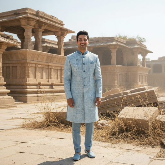 Man in a light blue traditional outfit standing in front of ancient ruins.